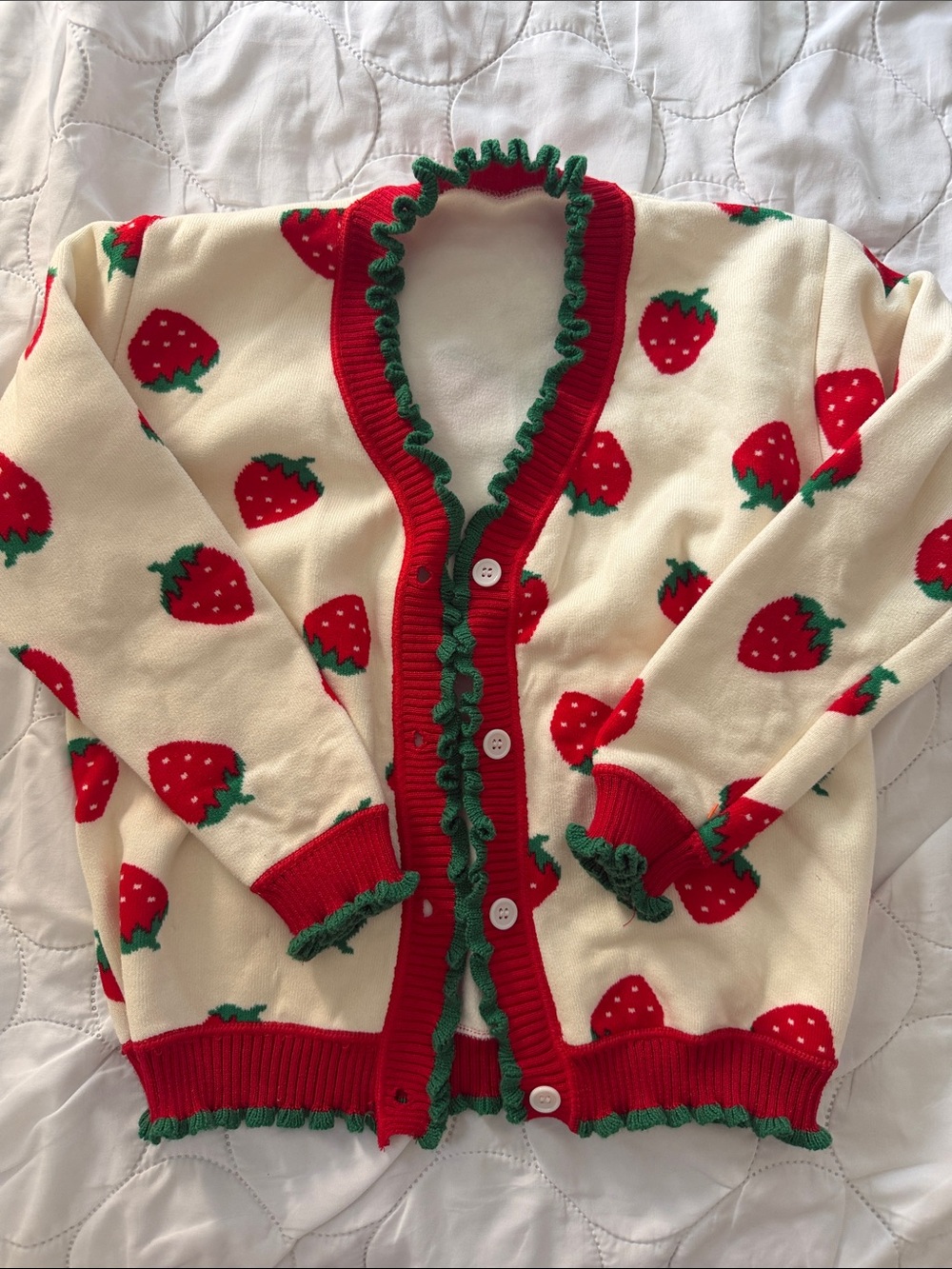 Strawberry Print Ruffle Cardigan - Cream & Red - Kids